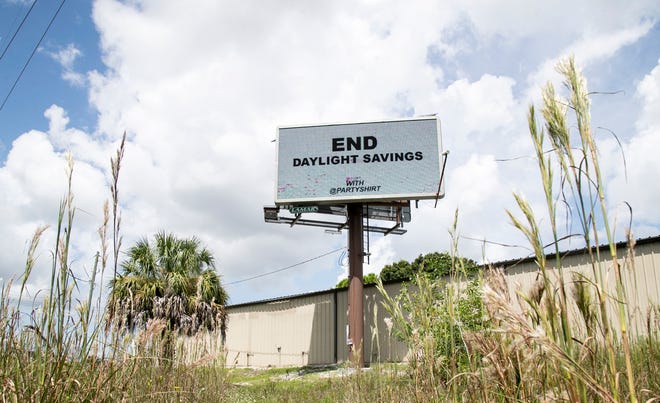 A billboard on Alico Road near US 41 advocates the end of daylight saving time on Friday, September 10, 2021.