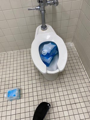 A school toilet in Martin County, Florida was opened as part of a new social media trend called.  destroyed